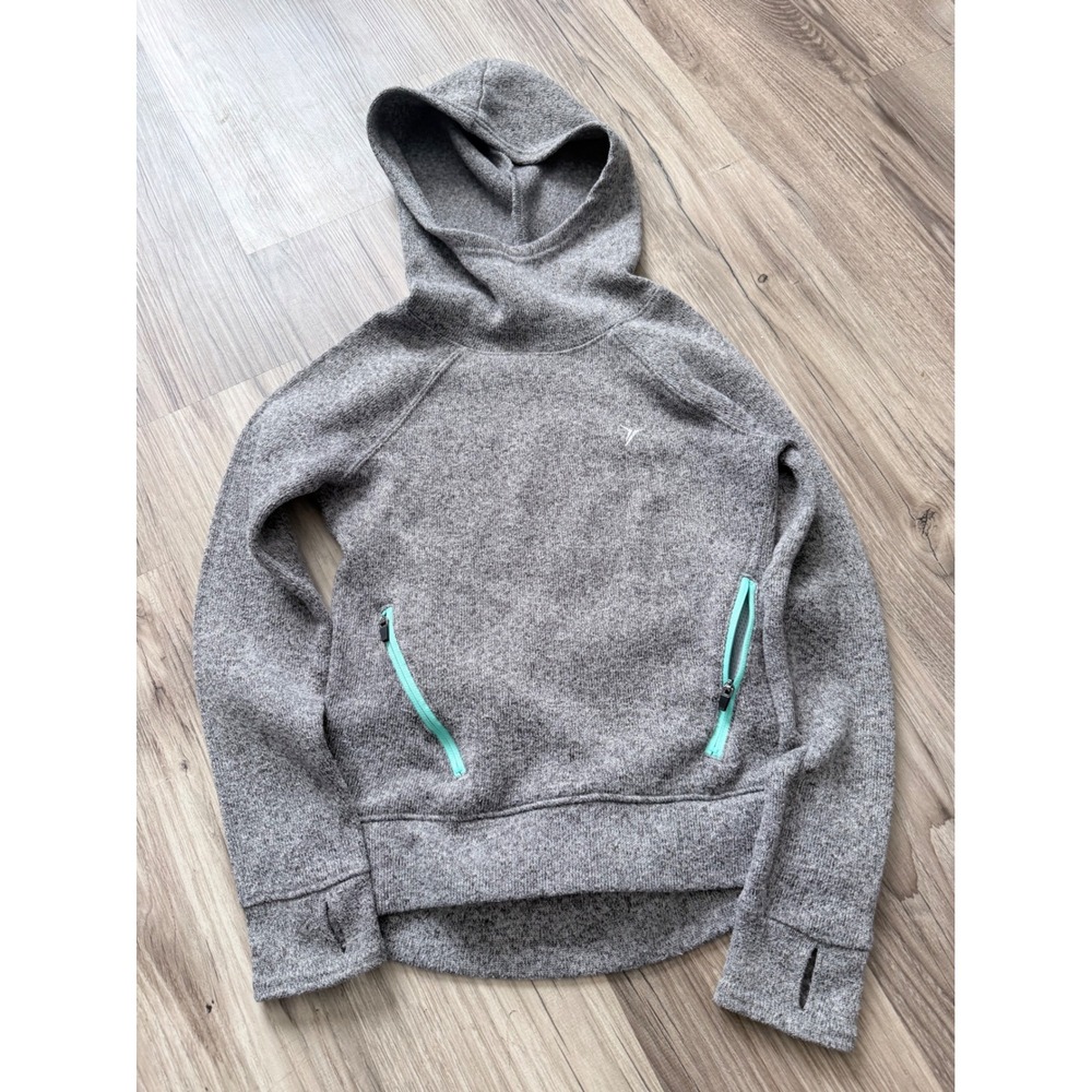 Old Navy Active Girls Gray Heathered Funnel Neck Hoodie Thumbholes Size M 8